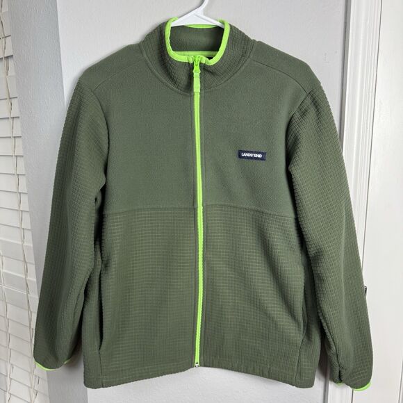 Lands End Men's Grid Fleece Full Zip Jacket 100% Polyester Beetle/Green Size S - Picture 2 of 7